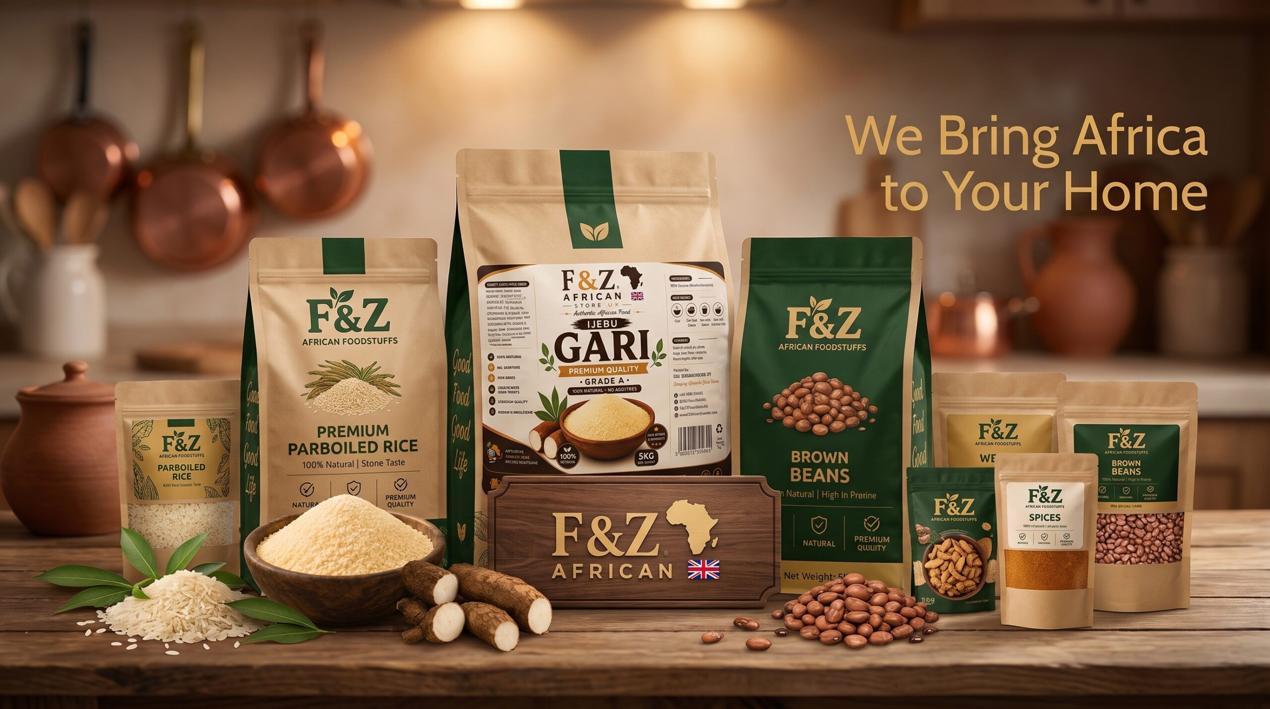 Hero image showing F&Z African foodstuff packages Garri, Rice and Groundnuts