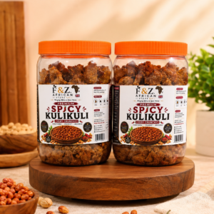 Spicy kulikuli in a transparent plastic jar with a yellow cover