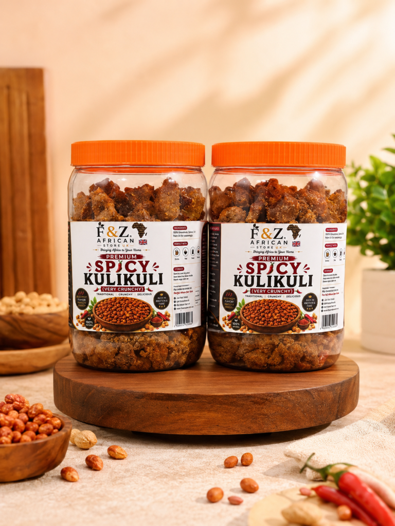 Spicy kulikuli in a transparent plastic jar with a yellow cover